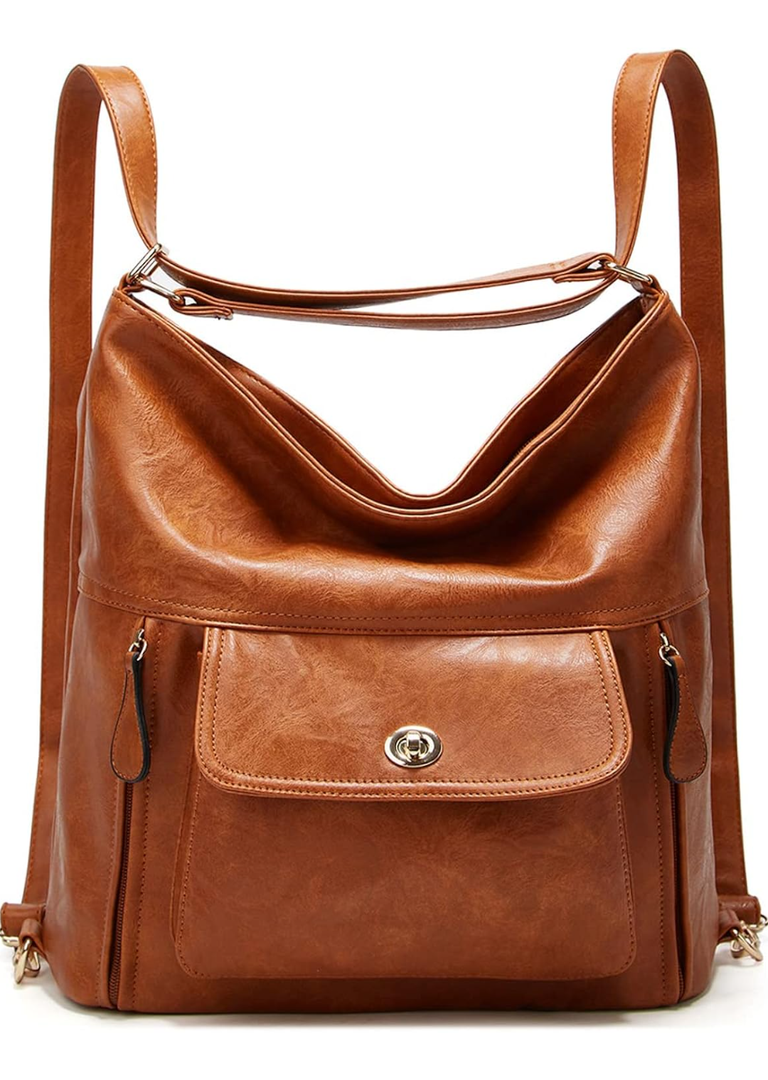 myfriday Vintage Leather Fashion Backpack Purse for Women Large Capacity Convertible Backpack Travel Daily Daypack (Brown)
