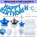 Blue Birthday Decorations, 3D Foil Blue Happy Birthday Balloon Banner with Star Balloons, Confetti Balloons, Hanging Swirls, for Boys Girls Men Women Party Decorations