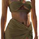SHENHE Women's 3 Piece Swimsuit One Shoulder Ruched Cut Out Bikini Set with Cover Up Skirt (Army Green) S