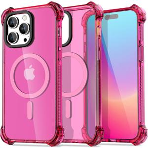 AICase Clear Neon Hot Pink Bounce Case Compatible with iPhone 15 Pro Compatible with MagSafe, Impact Shockproof Cute Girly Girl Women Protective Magnetic Magnet Mag Safe Hard Phone Cover
