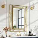 Brushed Gold Bathroom Mirror - 36''X24'' Rectangular Wall Mirrors with Geometric Metal Frame for Bathroom Bedroom Living Room, Hang Horizontally or Vertically