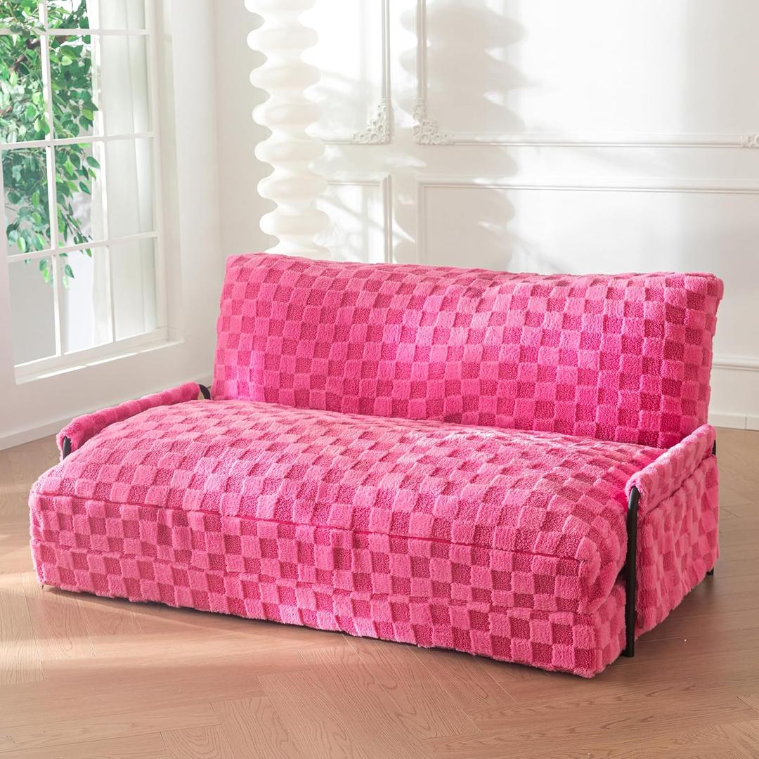 YOSHOOT Adjustable Lazy Floor Sofa, 5-Position Foldable Sleeper Chair with Armrest for Reading, Gaming - Convertible Bean Bag Sofa Bed Couch (Full, Fur Rose)