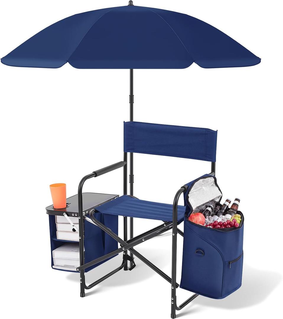 Karenhi Camping Director Chair with Umbrella for Adults, Folding Beach Chair with Side Table and Cooler Pouch, Portable Outdoor Seat with Canopy Shade, Camp Lawn Picnic Fishing Beach BBQ