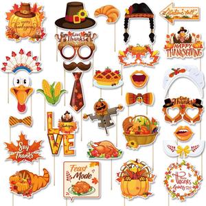 30 Pcs Thanksgiving Day Photo Booth Props Set, Fall Harvest Festival DIY Selfie Photo Prop Kits with Sticks for Fall Thanksgiving Party Decoration