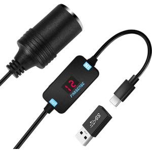 FARSENSE USB A to 12V Cigarette Lighter Adapter(36W)-USB C Male to Cigarette Lighter Female Socket PD Trigger Cable(2FT) with Switching Voltage and Display Voltage,for Dash Cam,GPS,Etc