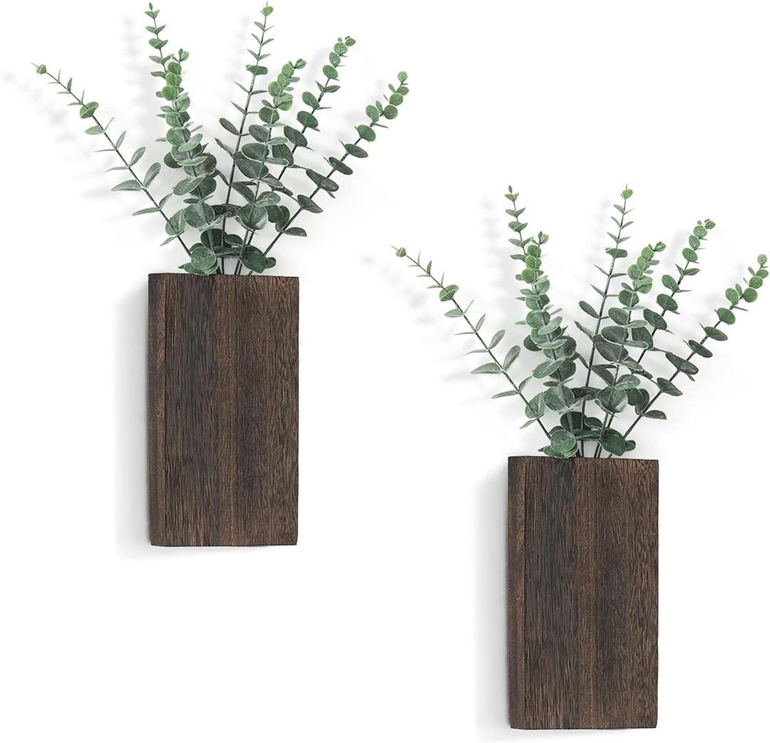 Dahey 2 Pack Wood Wall Planter Vase with Artificial Eucalyptus Farmhouse Wall Hanging Decor Pocket Planter for Indoor Fake Plants Greenery, Living Room Bedroom Kitchen Home Office Decoration (Medium, Brown)