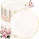 LIYH 100 Pcs Ivory Dessert Plates with Gold Rim- Ivory Plastic Plates 7.5" Disposable Scalloped Fancy Gold Plastic Plate,Baby Shower Cake Plate Party Suitable for Mothers Day