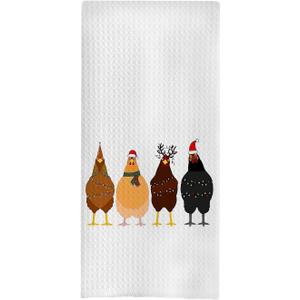 Chicken Christmas Kitchen Towels - Funny Waffle Decorative Dish Towels, Christmas Tea Hand Towels, Farmhouse Decor, 16x24 Inches (Chichen-01)