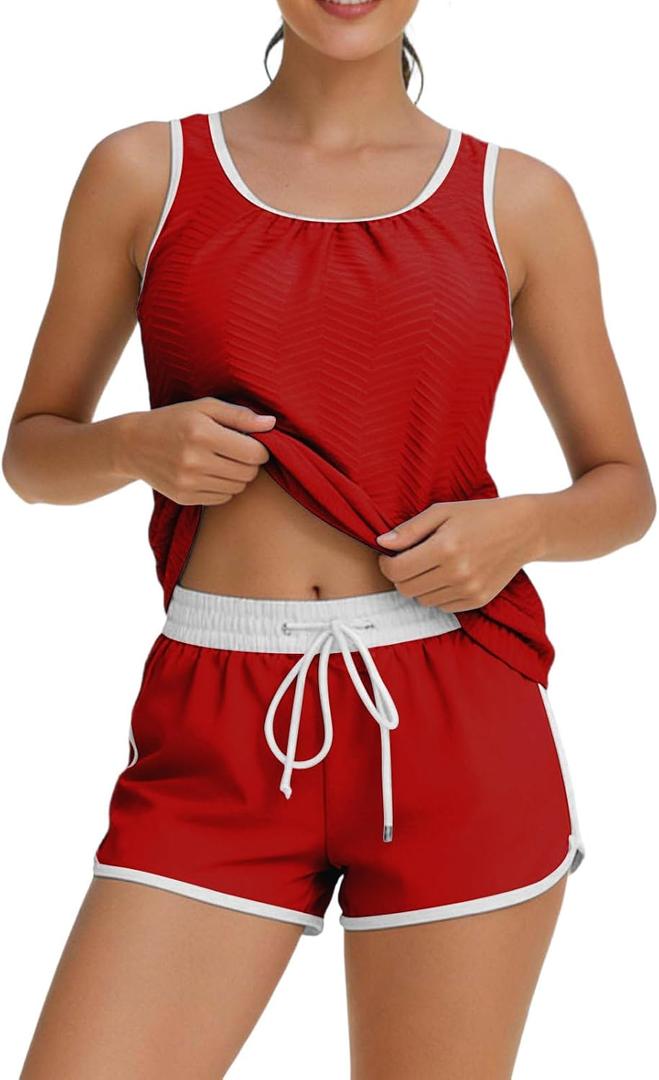 Tankini Swimsuit for Women Summer Trendy 2026 | Modest Tummy Control 2 Piece Bathing Suits, Sporty Swimsuits for Women with Shorts for Athletic,Competition,Surfing (Red, M)