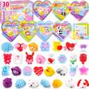 Valentine's Day Gifts for Kids, 30 PCS Mochi Squishy Toys with Valentine's Cards and Heart Boxes, Classroom Exchange Party Favors, School Prize Treats