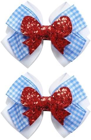 2PC Blue White Gingham Hair Bow Clips 3.5 Inch Checker Pigtail Bows Wizard Hair Accessories