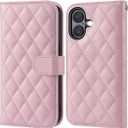 OCASE Compatible with iPhone 17 Wallet Case, PU Leather Flip Folio Case with Card Holders RFID Blocking Kickstand [Shockproof TPU Inner Shell] Phone Cover 6.3 Inch 2025, Diamond Check Pink