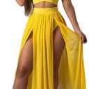 Women Sexy 2 Piece Outfits Dress Chiffon Strap Deep V Neck Bra Crop Top High Split Maxi Dresses Skirt Set (Large, Yellow)