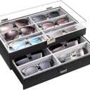 ProCase 12 Slots Acrylic Clear Top Sunglass Organizer, 2 Layers Eyeglasses Case Multi Pairs Storage Eyewear Display Holder with Transparent Lid and Drawer -Black