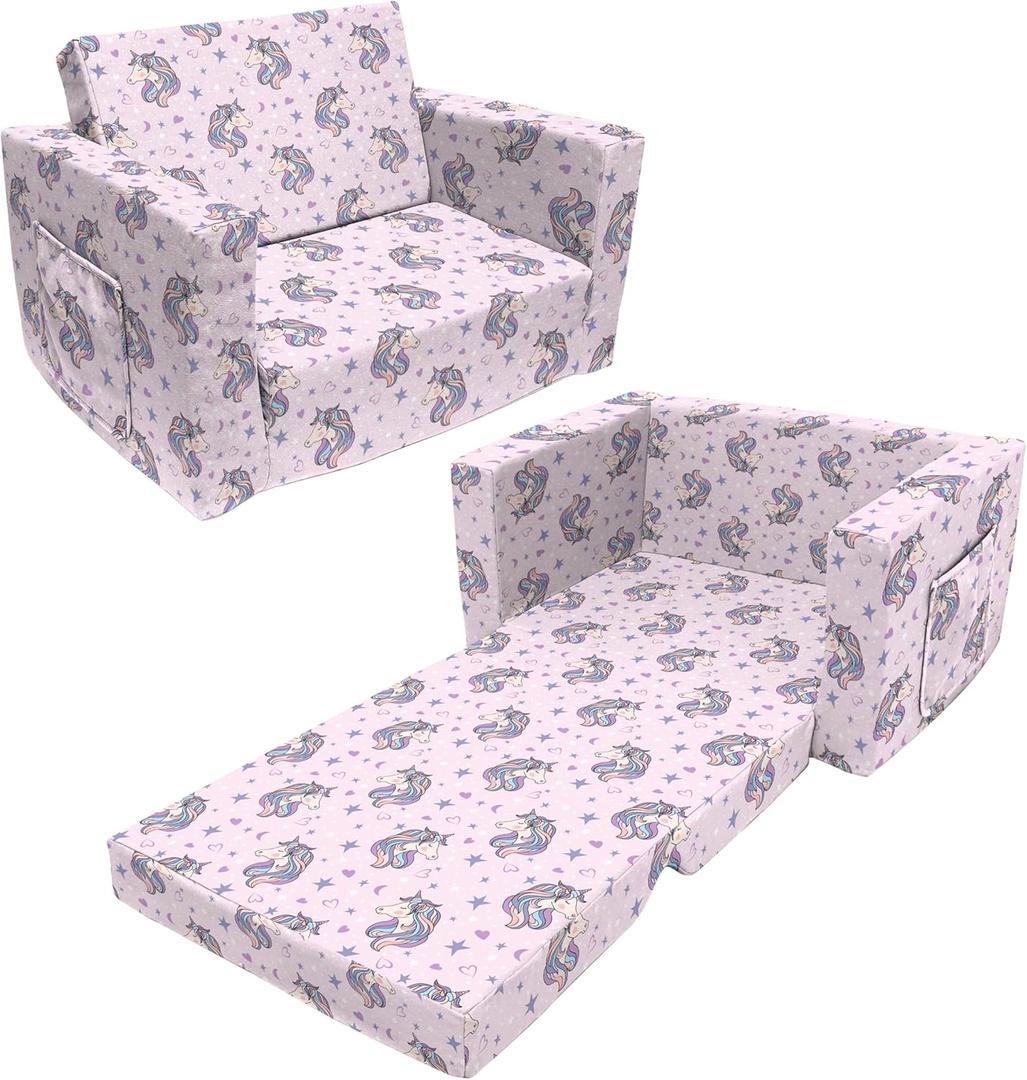 Kids Sofa Couch, 2 in 1 Convertible Dinosaur/Unicorn Print Toddler Chairs Kids Couch, Uni, 23"W x 17"D x 15"H