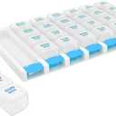 EZY DOSE Weekly (7 Day) 4 Times a Day Push Button Pill Organizer and Vitamin Planner, Removable Daily Pillboxes, Blue, Clear Lids, Large, BPA Free