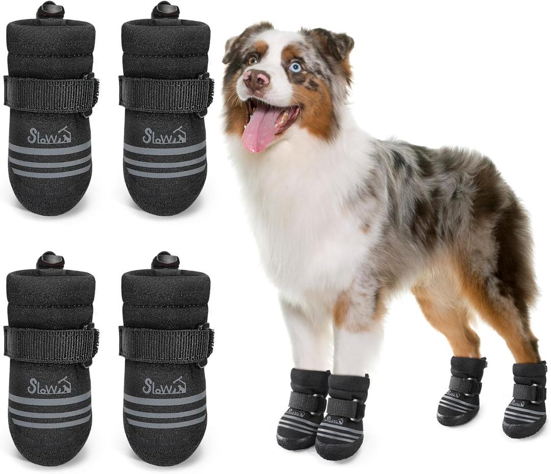 SlowTon Dog Shoes for Medium Large Dogs - Water Resistant Anti-Slip Dog Boots for Hot Pavement Rain Snow,Reflective Dog Paw Protectors for Outdoor Walking, Indoor Hardfloors (Black,8)