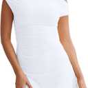 LAGSHIAN Women's Summer Off Shoulder Trendy Ruched Stretch Bodycon Cocktail Party Flare Mini Dress (White, Large)