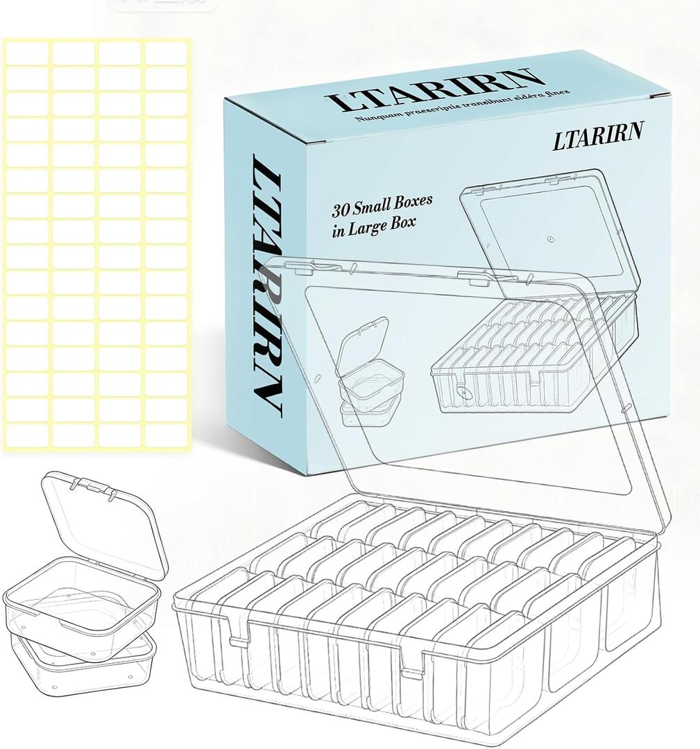 Bead Organizer Box,Jewelry Organizers and Storage, 30-Piece Small Storage Containers Set with Hinged Lids and Labels