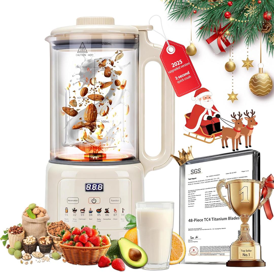 New Flagship Nut Milk Maker 50.73oz|10-in-1 Automatic Soy Milk Maker|48-Piece TC4 Titanium Blades|Ultra-Quiet & Aero Ti-Coating Anti-Burn|Almond/Soy/Oat Milk&Juice|Delay Start Keep Warm Self-Cleaning (off-white)