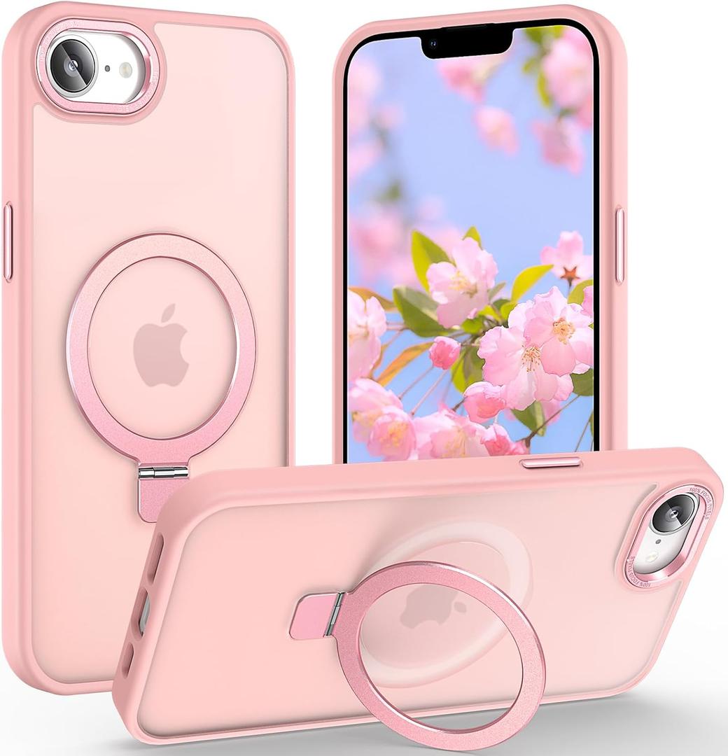Magnetic for iPhone 17e Case & iPhone 16e Case with Ring Stand, [10 FT Drop Protection] [Velvety Touch] Slim Translucent Matte Back Shockproof Phone Case for iPhone 17e 6.1'', Pink