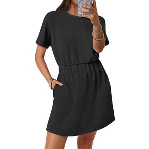 ANRABESS Womens Dresses 2025 Summer Casual Short Sleeve Crew Neck Elastic Waist Mini T Shirt Dress with Pockets (Medium, Black)