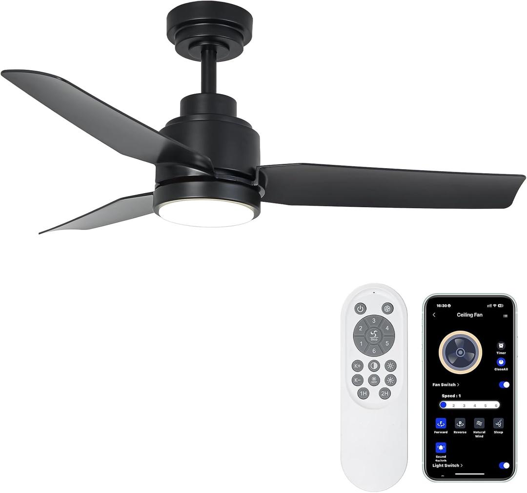 Black Ceiling Fans with Lights, 42 Inch Modern Ceiling Fan with Remote for Bedroom, Living Room, Patio, Outdoor&Indoor, Dimmable 3 Color Ceiling Fans with 6 Speeds, Quiet DC Motor, Timer