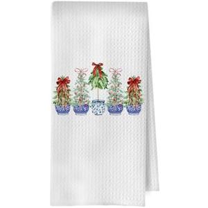 Elefeltclave Chinoiserie Pink Christmas Tree Kitchen Towels, Coquette Preppy Christmas Dish Tea Towels. XIVENHAVM Chinoiserie Christmas Trees Towels - Coquette Red Christmas Trees Decorative Waffle Dish Towels, Holiday Hand Towel, Winter Tea Towel 