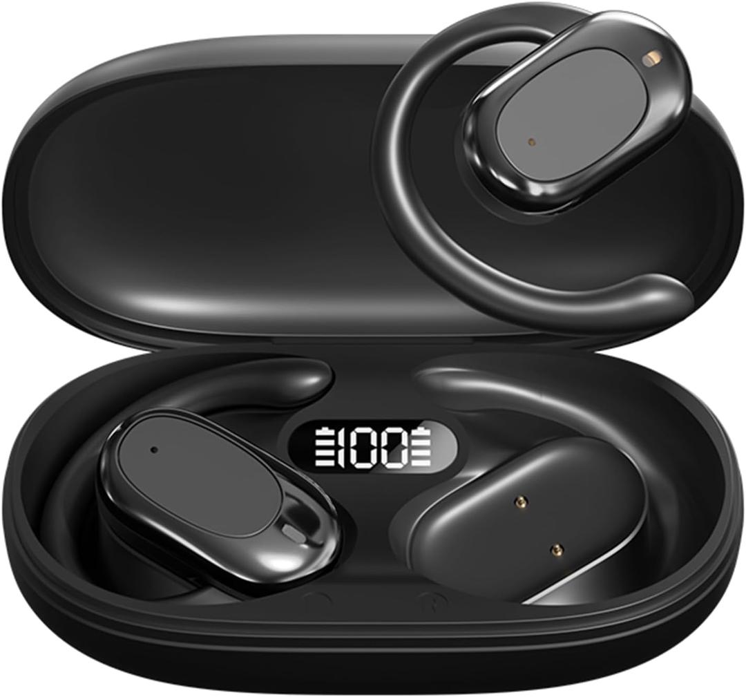 Open-Ear Headphones, Wireless Earbuds Adjustable Ear Hooks, Ultra-Comfort, Snug Fit, Powerful Sound, Clear Calls,LED Lights, 36H Playtime, Bluetooth 5.4for RunningSports,Workout-Black M57