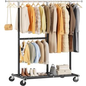 Raybee Heavy Duty Clothes Rack, Adjustable Clothing Rack with Wheels, 455 LBS Static Load Capacity, 69.1" W Rolling Garment Rack for Walk-in Closet, Bedroom, Laundry Room,Commercial Use, Black