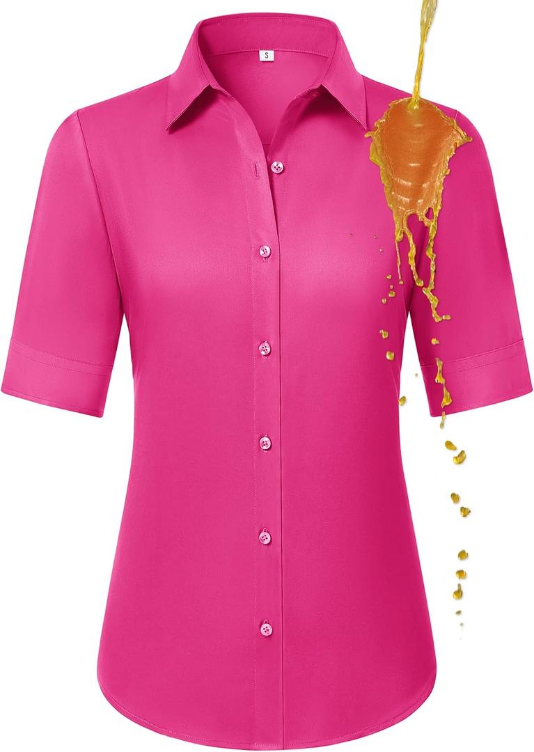 Gleeivy Women's Short Sleeve Button Up Shirt Collared Fitted Wrinkle Free Blouse Stain Shield Professional Business Top (S)