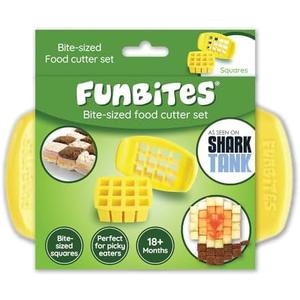 FUNBITES Crustless Sandwich Cutter for Kids Lunch (2-piece set), Uncrustable Sandwich Cutter, Bite-Size Food Cutter for Toddlers, Bento Box Accessories, BPA-FREE Dishwasher Safe, Yellow Squares 1pk