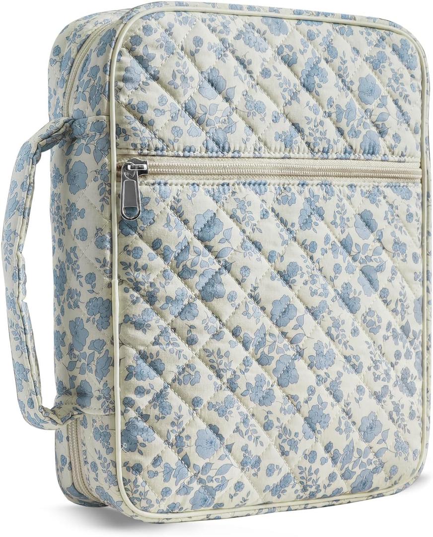 Bible Cover Case for Women,Large Bible Tote Bags Organizer Quilted Carrying Case for Girls,Bible Study Supplies Accessories Christian Gifts for Women (Blue Floral, L)