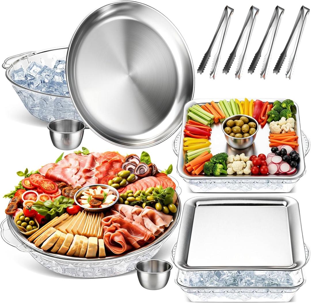 Baderke 4 Set 11.8" Chilled Serving Tray for Parties with Compartments 9" Ice Chilled Party Platter Charcuterie Serving Board 1.7 oz Dipping Bowls with Tongs for Fruit Seafood Vegetable (Natural)