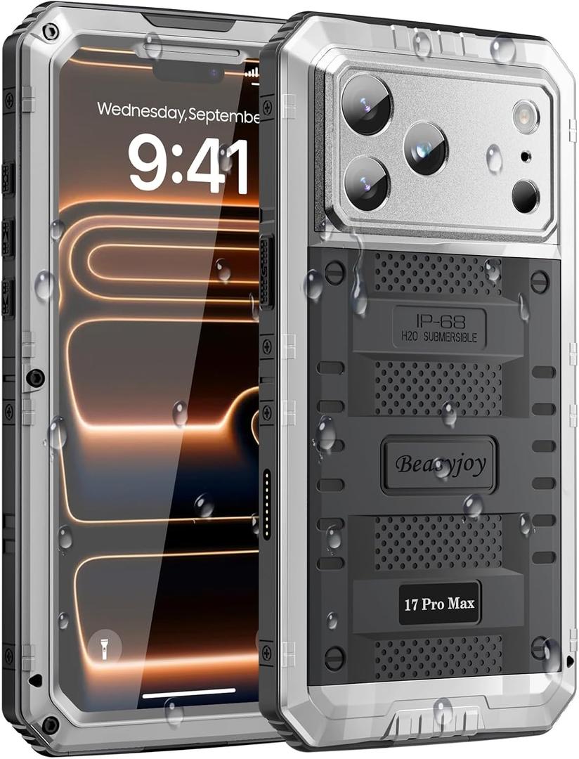 Beasyjoy for iPhone 17 Pro Max Case Waterproof, Heavy Duty Metal Case with Built-in Screen Protector, Full Body Rugged Military Grade Shockproof Dustproof Cover for Construction Outdoor 6.9", Silver