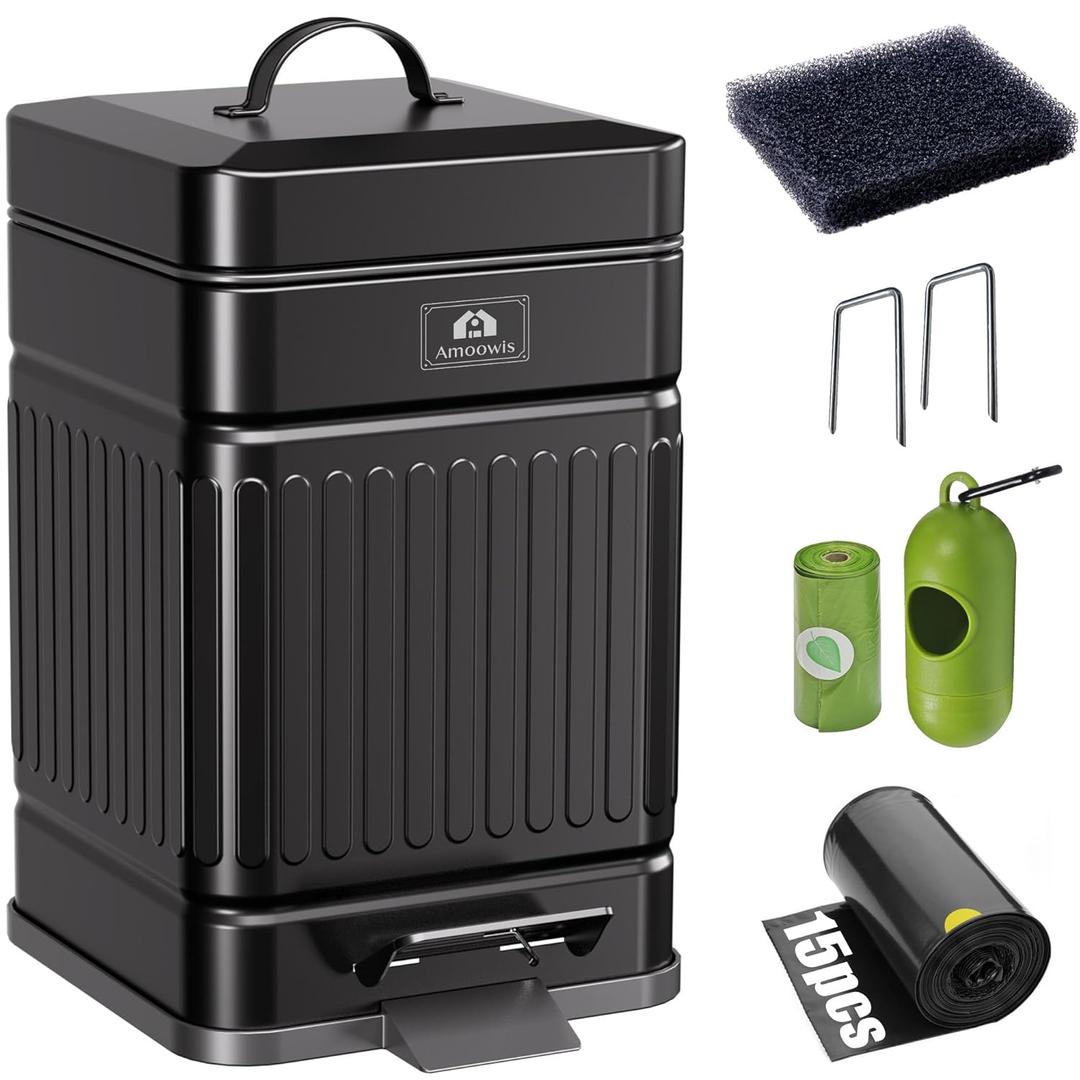 Small Trash Can with Lid, 1.3Gal Stainless Steel Dog Poop Trash Can Outside, Waterproof & Odor Control, 5L Cat Litter Trash Can, Dog Waste Station with Foot Pedal, Garbage Can for Backyard