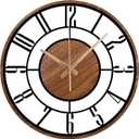 Metal Large Wall Clock, Black Metal with Wood Non Ticking, Silent Battery Operated Clocks for Home Living Room Farmhouse Kitchen Office Dining Room, Modern Round Wall Clock Decor, Housewarming Gift