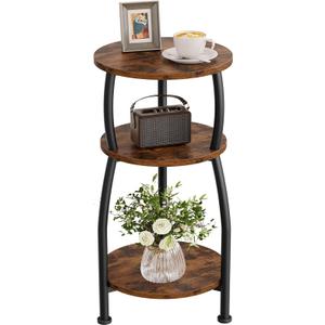 Small Round Side Table, 3-Tier End Table with Storage Shelf, Slim Coffee Table for Small Spaces, Industrial Sofa Table for Narrow Gaps in Living Room & Bedroom, Rustic Brown