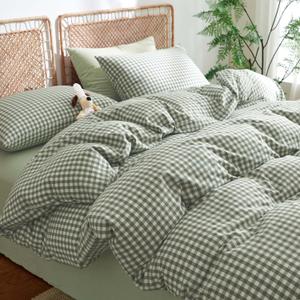 Nayoroom Gingham Duvet Cover Queen Size 100% Washed Cotton Green Plaid Checkered Comforter Cover 3 Pcs Soft Breathable Grid Farmhouse Dorm Bedding Set for All Seasons