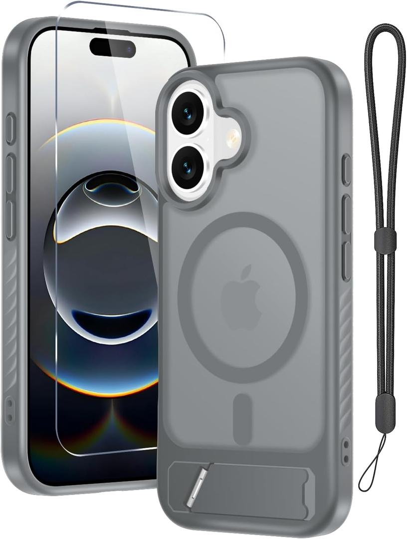 for iPhone 16 Case with Screen Protector+Lanyard Wrist Strap,Magnetic Translucent Matte Rugged Slim Phone Cover Built in Invisible Kickstand [Fit for MagSafe],Grey