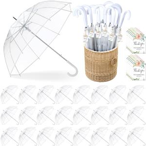 24 Pcs Clear Bubble Umbrellas Bulk 52 Inch Large Windproof Transparent Wedding Umbrellas with j Hook Handle for Wedding Bridal Parties Graduation Outdoor Events (White)