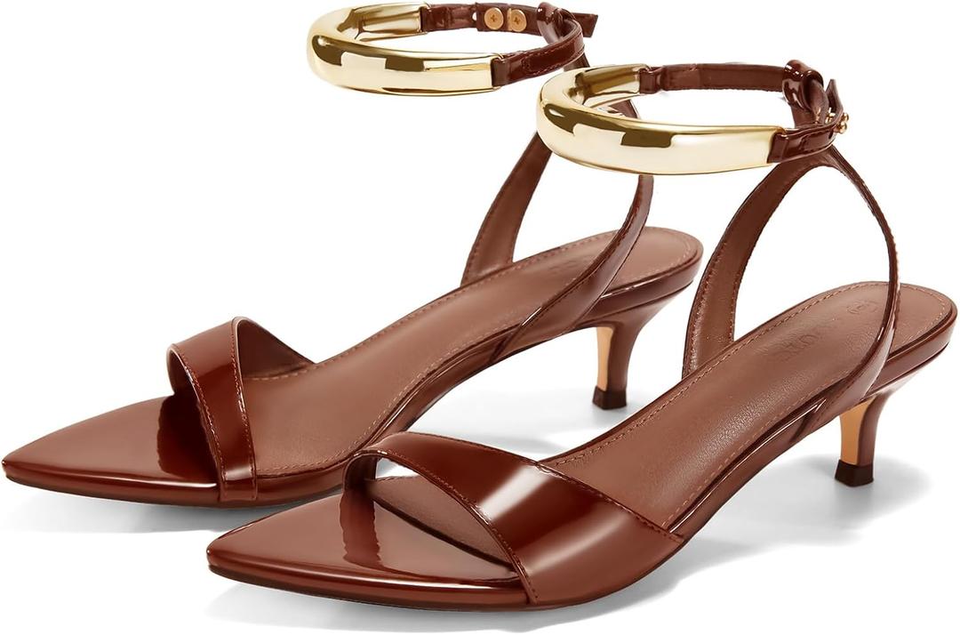 Coutgo Womens Low Kitten Heels Sandals Strappy Pointed Open Toe One Strap Metal Summer Dress Shoes, Size 9