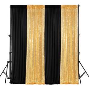 VitalCozy 4 Panels Backdrop Curtains 2 Pcs 4 x 10 ft Sequin Glitter 2 Pcs 7 x 10 ft Chiffon Photo Background Curtains for Graduation Wedding Birthday Party Decorations(Black, Gold)