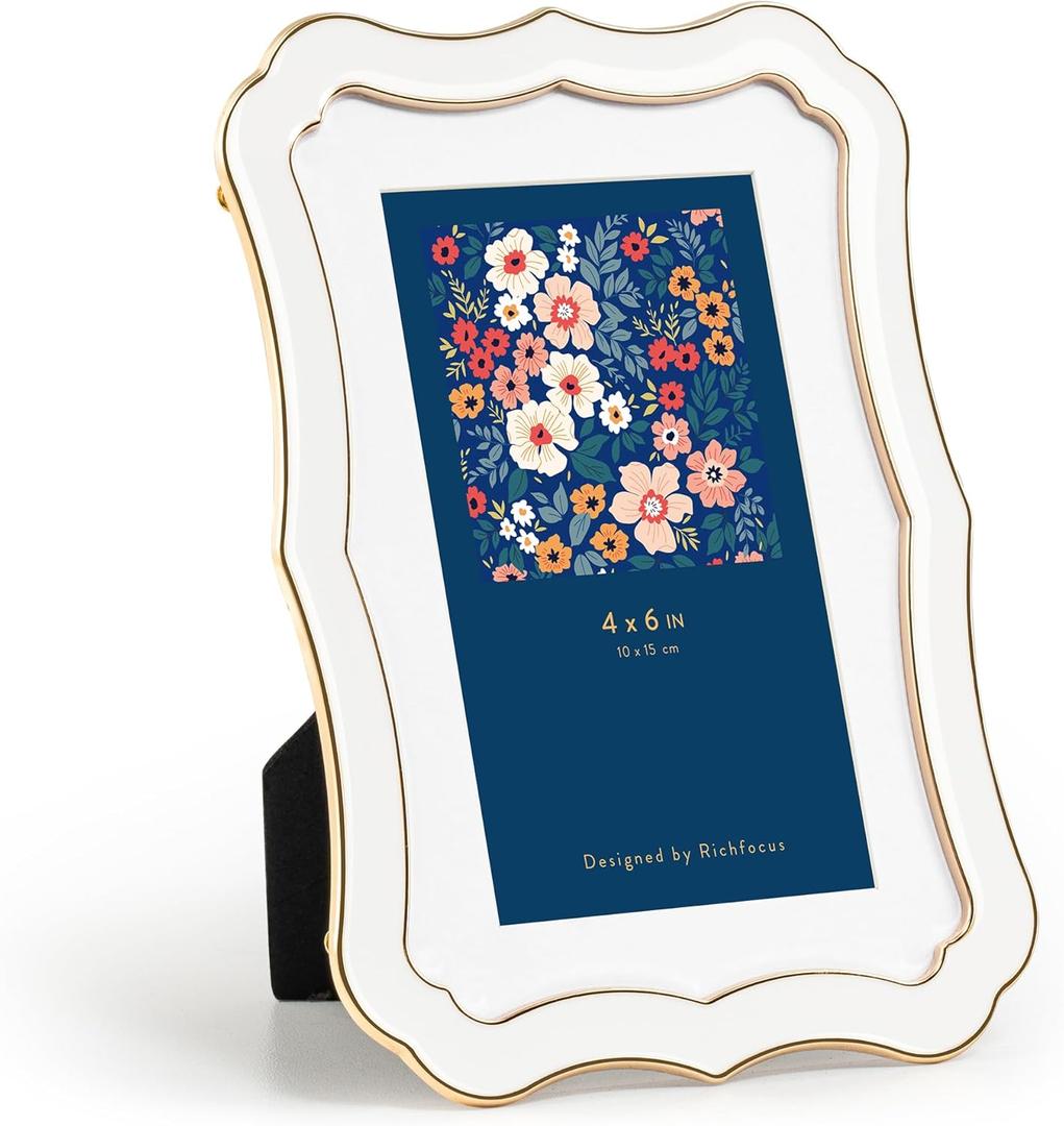 4x6 Enamel Picture Frame with HD-Tempered Glass, Display 3x5 Photo with Mat, Ornate Photo Frame with Gold Metal Edge & Velvet Back for Tabletop & Wall Mount Vertically or Horizontally Display, White