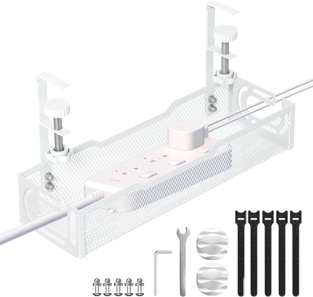 Under Desk Cable Management Tray, No Drill Mesh Desk Cable Tray, Wire Management Tray Cable Management Rack, Wire Organizer and Cable Management Box (White)