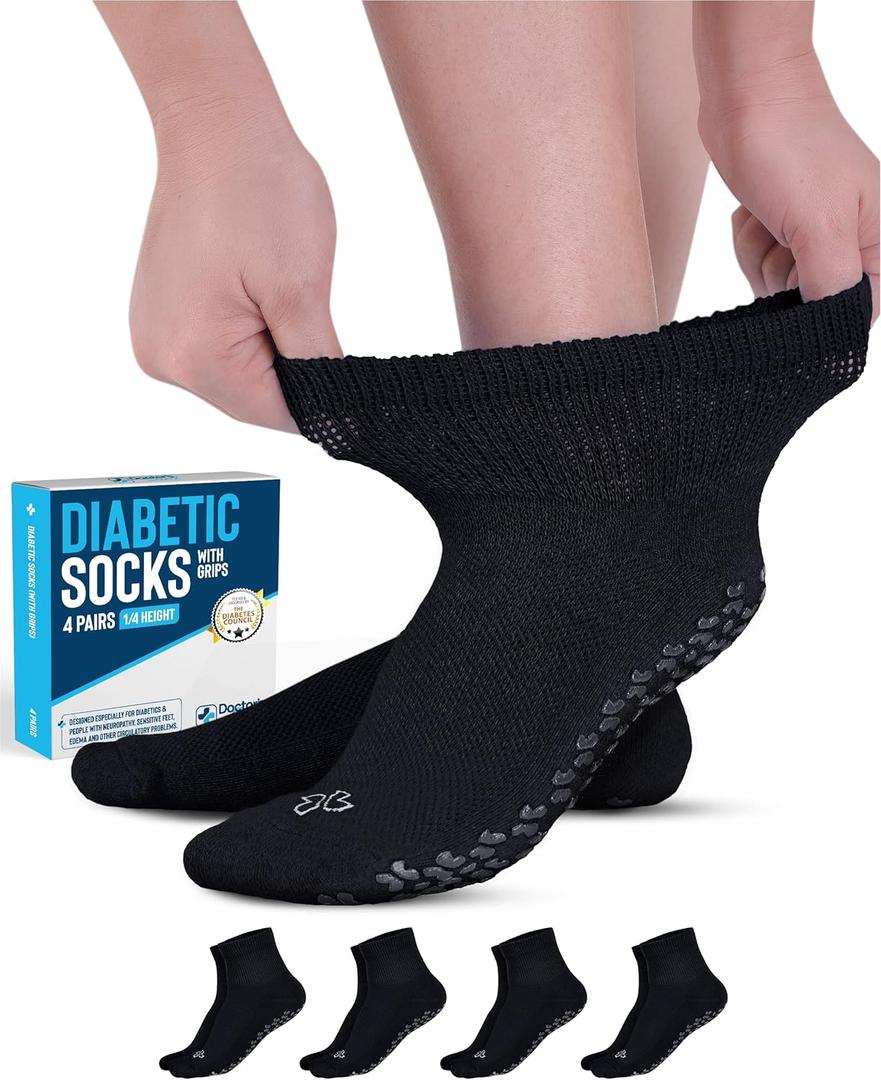 Doctor's Select Diabetic Socks with Grips for Women and Men - 4 Pair | Black | Neuropathy Socks for Men | Non Skid Socks for Men | Diabetic Ankle Socks for Men | Diabetic Socks for Men 9-12