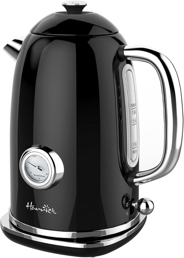 Harriet Electric Kettle, 1.8L Retro Electric Tea Kettle with Thermometer, 1500W Stainless Steel Hot Water Kettle Electric with LED Indicator, Fast Boiling, Cordless, Auto ShutOff, Black