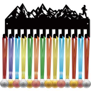 CREATCABIN Run Medal Holder Hanger Medals Display Rack Black Metal Iron Small Mountain Medal Shelf Plaques Hangers Organizer Medal Frame Wall Mounted with 14 Hooks for Award Ribbon 11.4x5Inch