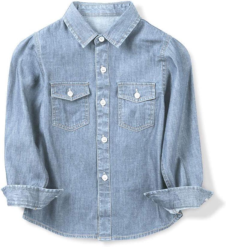 OCHENTA Boys Denim Button Down Shirt Long Sleeve Kids Casual Cowboy Chambray Top Jeans Clothes Light Blue Tag 140-7-8Y