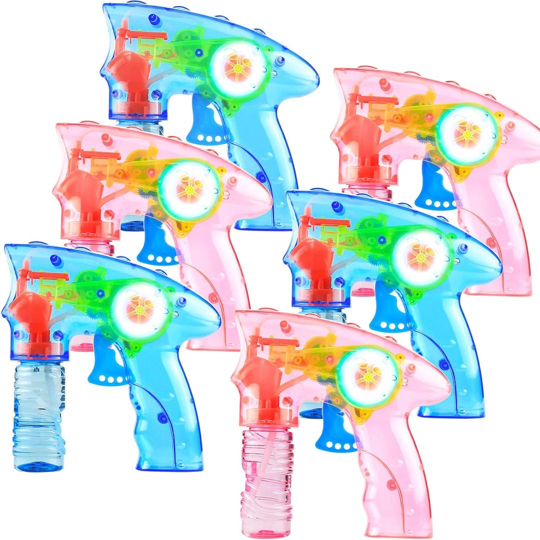 6 Pcs Bubble Gun Shooter LED Light up(no Batteries Needed), Wind up Operated Bubbles Blaster Blower with Bottle Solutions, Bubble Blowing Toy kit for Kid Boy and Girl Outdoor Summer Game Party Favor
